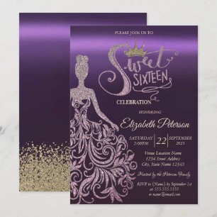 Invitation Robe Pailletée Élégante, Diadème, Diamants Violet
