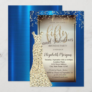 Invitation Robe pailletée or chic, Confettis Fond Royal Bleu