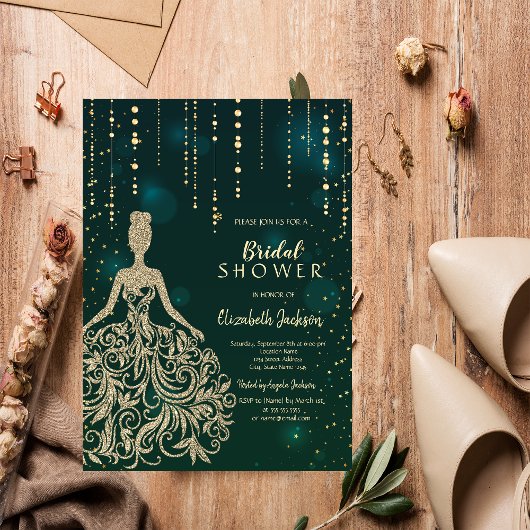 Invitation Robe Pailletée Or Chic Vert Shower de Mariage