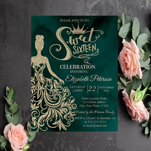 Invitation Robe pailletée or, Diamants Vert Douce 16