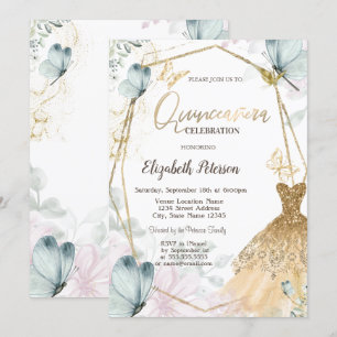 Invitation Robe Pailletée Or Papillons Bleus Cadre Doré