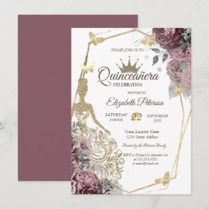 Invitation Robe Pailletée, Papillon Chic Roses Quinceañera