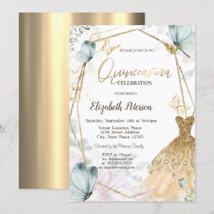 Invitation Robe Pailletée Papillons Bleus Cadre Doré