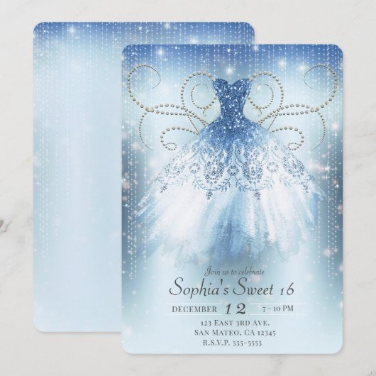 Invitation Robe Pailletée Princesse Bleu Argentée Fête Douze (Devant / Derrière)