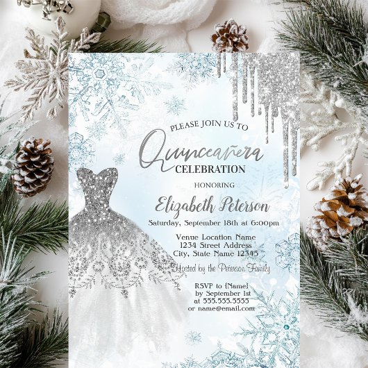 Invitation Robe Paillettes Argent Flocons de Neige