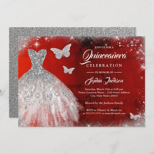 Invitation Robe papillon à paillettes argentées rouges Quince (Devant / Derrière)
