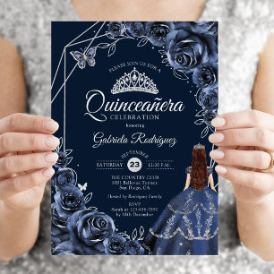 Invitation Robe papillon argentée Navy pour Quinceanera Flora