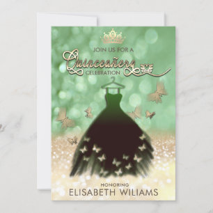 Invitation Robe papillon bokeh verte Quinceañera