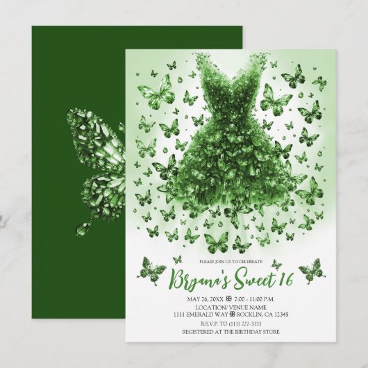 Invitation Robe Papillon Cristal Émeraude Pierre de Naissance (Devant / Derrière)