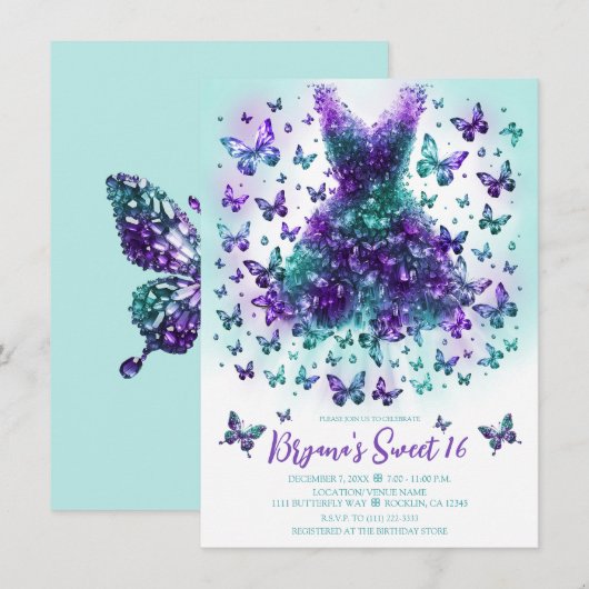 Invitation Robe Papillon en Cristal Sarcelle et Violet (Devant / Derrière)