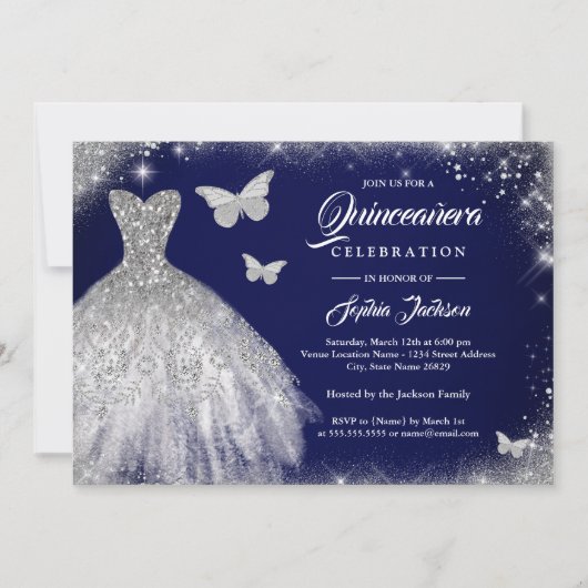 Invitation Robe papillon Navy Silver Sparkle Quinceanera (Devant)