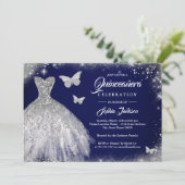 Invitation Robe papillon Navy Silver Sparkle Quinceanera (Debout devant)