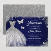 Invitation Robe papillon Navy Silver Sparkle Quinceanera (Devant / Derrière)