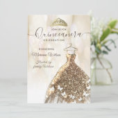 Invitation Robe papillon or bokeh moderne tiara Quince (Debout devant)