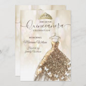 Invitation Robe papillon or bokeh moderne tiara Quince (Devant / Derrière)