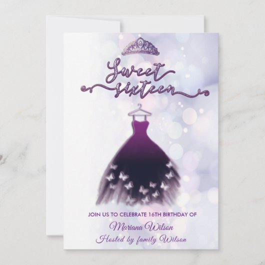 Invitation Robe papillon pourpre bokeh moderne tiara doux 16 (Devant)