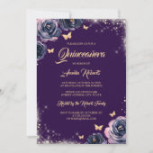 Invitation Robe papillon pourpre or étincelante Quinceanera (Devant)