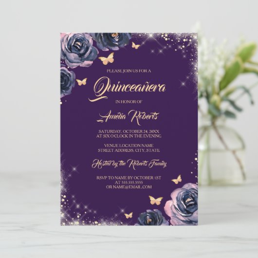 Invitation Robe papillon pourpre or étincelante Quinceanera (Debout devant)