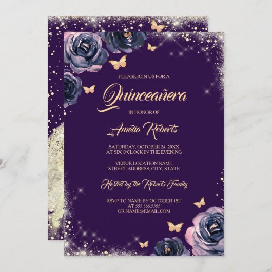 Invitation Robe papillon pourpre or étincelante Quinceanera (Devant / Derrière)