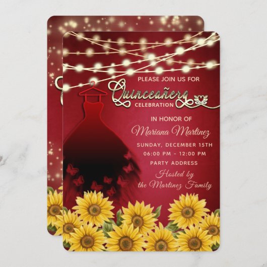 Invitation Robe papillon rouge Tournesol String lumières coin (Devant / Derrière)