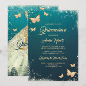 Invitation Robe papillon scintillante sarcelle dorée pour Qui (Devant / Derrière)