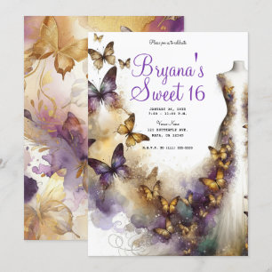Invitation Robe papillon violet et or Fantaisie Douze ans