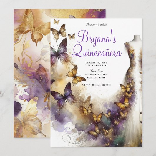 Invitation Robe papillon violet et or Fantasy Quinceañera (Devant / Derrière)
