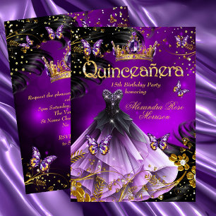 Invitation Robe papillon violet or pour une fête de Quinceane