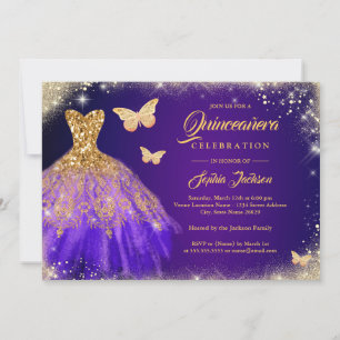 Invitation Robe papillon violet or Quinceanera scintillante