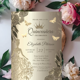 Invitation Robe, papillons dorés fleurs Quinceañera or