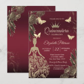 Invitation Robe, papillons dorés fleurs Red Quinceañera (Devant / Derrière)