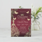 Invitation Robe, papillons dorés fleurs Red Quinceañera (Debout devant)
