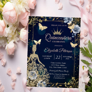 Invitation Robe, Papillons Fleurs Bleu Marine Quinceañera