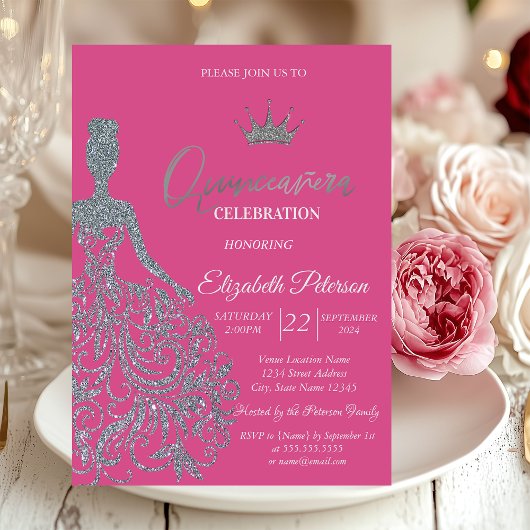 Invitation Robe Parties scintillant argent Chic Fuschia Quinc