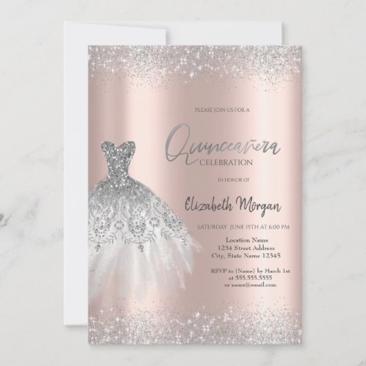 Invitation Robe Parties scintillant argent élégant Dusty Quin (Devant)