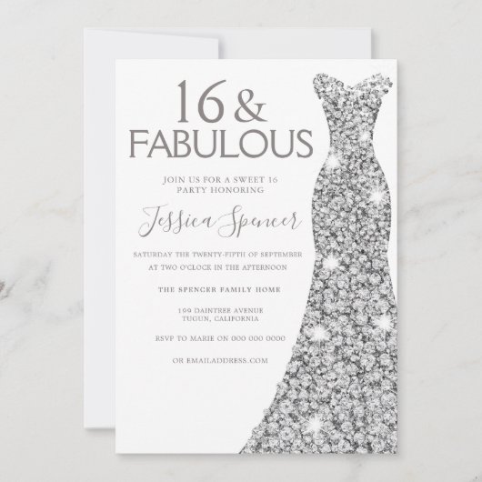 Invitation Robe Parties scintillant argent Fabulous Sweet 16  (Devant)