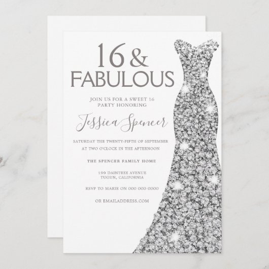 Invitation Robe Parties scintillant argent Fabulous Sweet 16  (Devant / Derrière)
