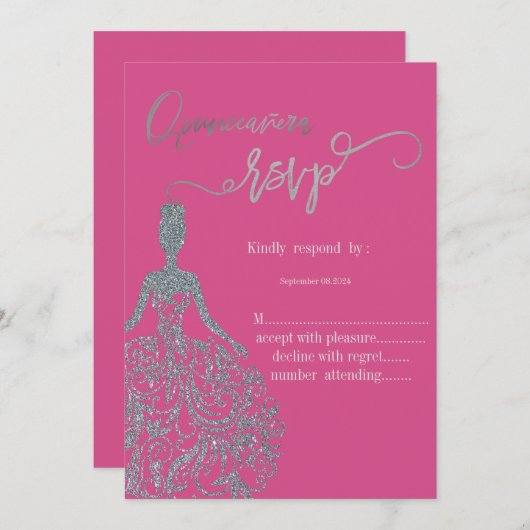 Invitation Robe Parties scintillant argent Fuschia RSVP Invit (Devant / Derrière)