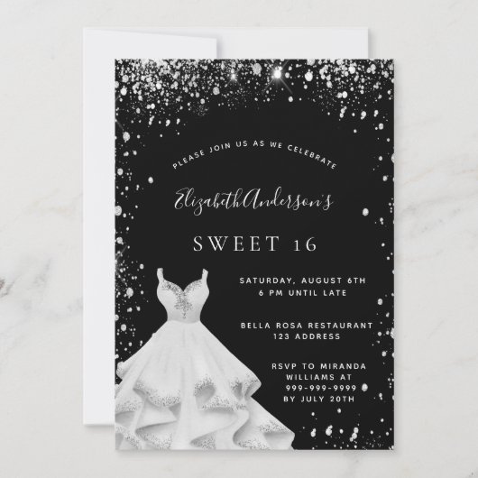 Invitation Robe parties scintillant argent noir Sweet 16 (Devant)