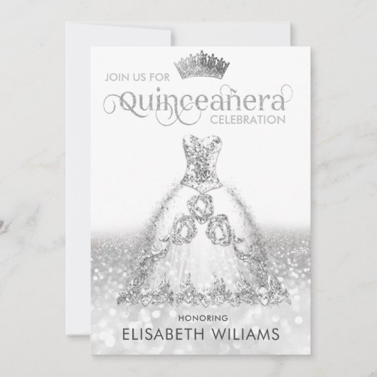 Invitation Robe parties scintillant argent ombre tiara Quince (Devant)