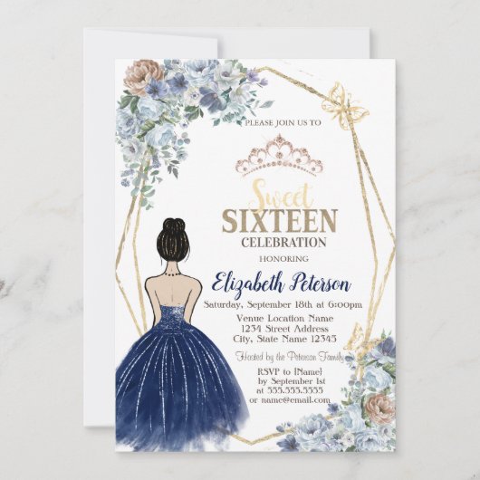 Invitation Robe Parties scintillant bleu marine, Fleurs bleue (Devant)