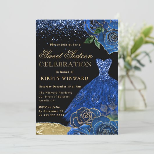 Invitation Robe Parties scintillant bleue et or Glam Rose Swe (Debout devant)