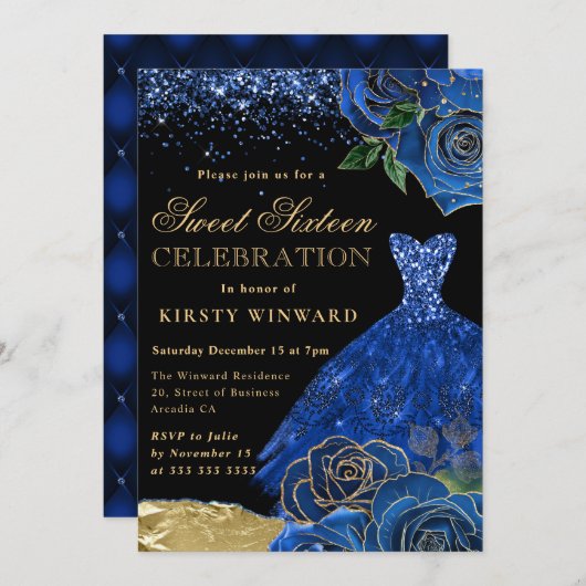 Invitation Robe Parties scintillant bleue et or Glam Rose Swe (Devant / Derrière)