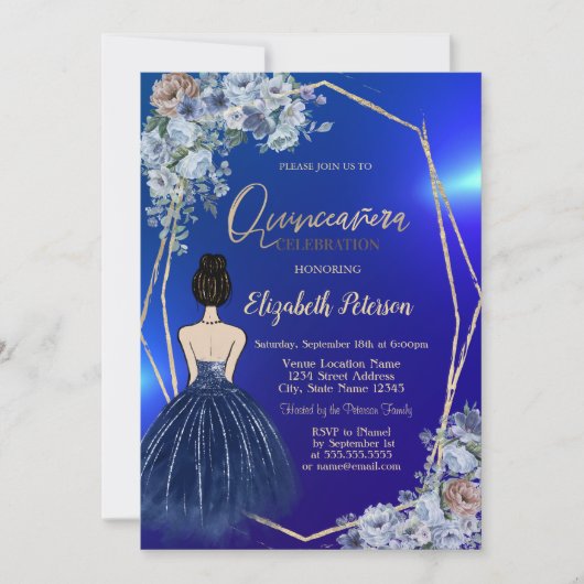 Invitation Robe Parties scintillant Bleue Marine, Fleurs Bleu (Devant)