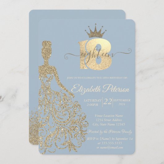 Invitation Robe Parties scintillant d'or, Tiara, Bleu Dusty 1 (Devant / Derrière)