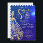 Invitation Robe Parties scintillant d'or, Tiara, Diamonds Blu<br><div class="desc">Parties scintillant d'or tiara,  robe et diamants Sweet 16 anniversaire invitation fête.</div>