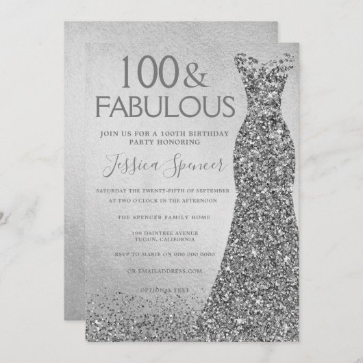 Invitation Robe Parties scintillant en argent 100 et fabuleux (Devant / Derrière)