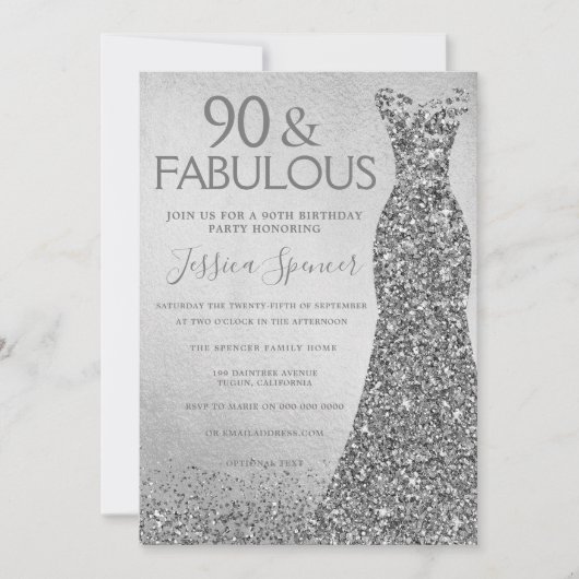 Invitation Robe Parties scintillant en argent 90 & fabuleux 9 (Devant)