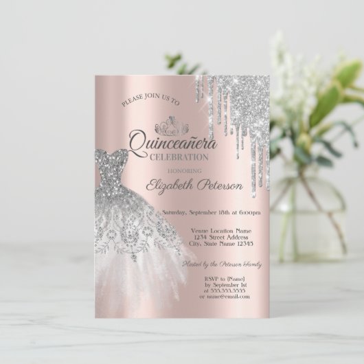 Invitation Robe Parties scintillant en argent, Déchets Rose o (Debout devant)