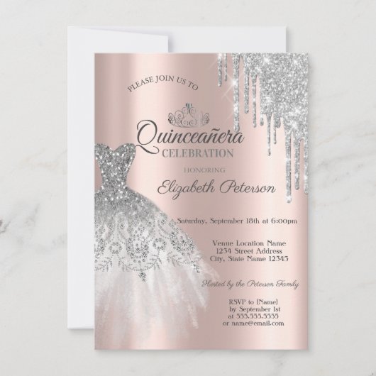 Invitation Robe Parties scintillant en argent, Déchets Rose o (Devant)